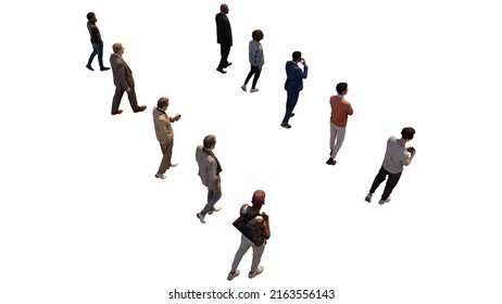 3D Rendering of Walking and Standing Men Top View Isolated on White Background.