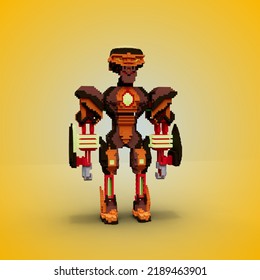 3D Rendering Of A  War Robot Using A Brown, Red And Yelow Color Scheme.
With A Blue Background.
Perfect For Game Vox Character Reference.
Simple 3D Modeling.