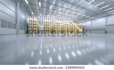 3d rendering of warehouse or distribution center with decrease graph. Storage and shipping system with box package on shelf and concrete floor. Concept for reduce, low of productivity, demand, supply.