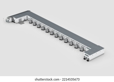 3d Rendering Warehouse Exterior With Shutter Doors And Truck Parking Lots Isometric