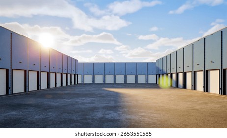 3d rendering warehouse exterior with shutter doors 