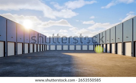 3d rendering warehouse exterior with shutter doors 