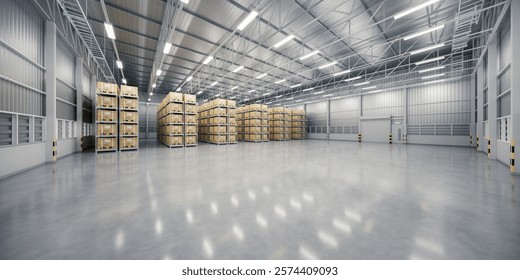 3d rendering of warehouse industry building interior. known as distribution center, retail warehouse. Included cardboard box on shelf, empty space on concrete floor suit for industrial background.