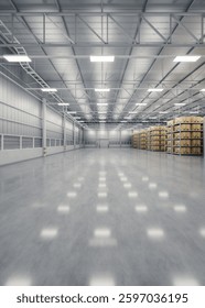 3d rendering of warehouse industry building interior. known as distribution center, retail warehouse. Included cardboard box on shelf, empty space on concrete floor suit for industrial background.