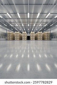 3d rendering of warehouse industry building interior. known as distribution center, retail warehouse. Included cardboard box on shelf, empty space on concrete floor suit for industrial background.