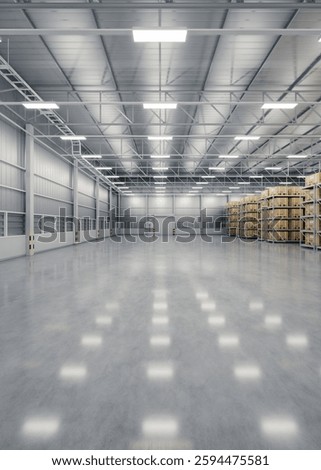 3d rendering of warehouse industry building interior. known as distribution center, retail warehouse. Included cardboard box on shelf, empty space on concrete floor suit for industrial background.