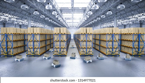 3d Rendering Warehouse Robot Working In Factory