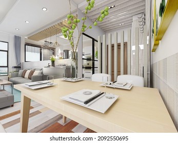 3D rendering, warm dining room area design, wooden table and chair