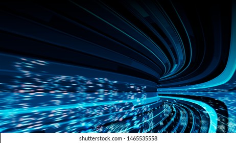 3D Rendering Of Warp Speed In Hyper Loop With Blur Light From Buildings' Lights In Mega City At Night. Concept Of Next Generation Technology, Fin Tech, Big Data, 5g Fast Network, Machine Learning