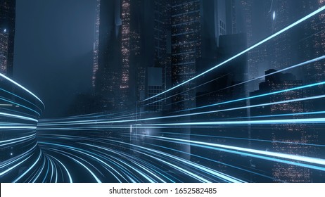 3D Rendering Of Warp Speed In Hyper Loop With Blur Light From Buildings' Lights In Mega City At Night. Concept Of Next Generation Technology, Fin Tech, Big Data, 5g Fast Network, Machine Learning