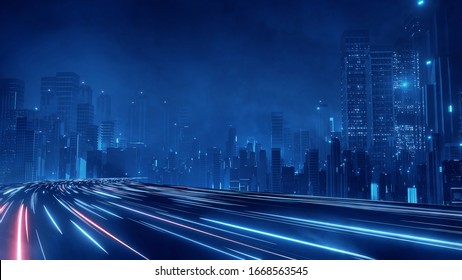 3D Rendering of warp speed in hyper loop with blur light from buildings' lights in mega city at night. Concept of next generation technology, fin tech, big data, 5g fast network, machine learning