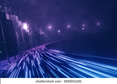 3D Rendering Of Warp Speed In Hyper Loop With Blur Light From Buildings' Lights In Mega City At Night. Concept Of Next Generation Technology, Fin Tech, Big Data, 5g Fast Network, Machine Learning