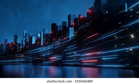 3D Rendering Of Warp Speed In Hyper Loop With Blur Light From Buildings' Lights In Mega City At Night. Concept Of Next Generation Technology, Fin Tech, Big Data, 5g Fast Network, Machine Learning