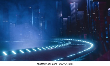 3D Rendering Of Warp Speed In Hyper Loop With Blur Light From Buildings' Lights In Mega City At Night. Concept Of Next Generation Technology, Fin Tech, Big Data, 5g Fast Network, Machine Learning