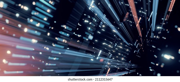 3D Rendering of warp speed in hyper loop with blur light from buildings' lights in mega city at night. Concept of next generation technology, fin tech, big data, 5g fast network, machine learning