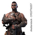 3D rendering of warrior posing and holding his sword.