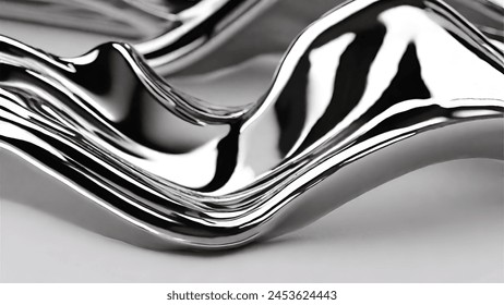 3d Rendering wave chrome metallic band. Flowing abstract metal shape