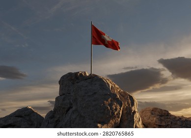 3D Rendering of a waving Swiss flag on rocky landscape to celebr