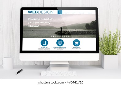 3d rendering web design template on computer. All screen graphics are made up.