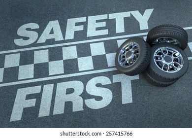 3D Rendering Of Wheels On Top Of A Race Circuit With The Words Safety First