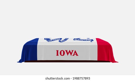 3D Rendering Of A White Background Casket Drapped With The Flag Of Iowa