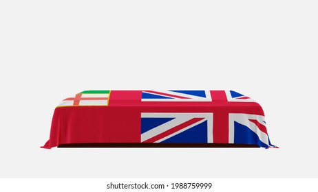 3D Rendering Of A White Background Casket Drapped With The Flag Of Ontario