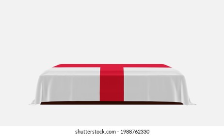 3D Rendering Of A White Background Casket Drapped With The Flag Of England