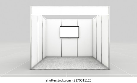 3D Rendering Of White Blank Empty Octanorm Stall Mockup. 3D Illustration For Exhibition Booth Three Panels Each