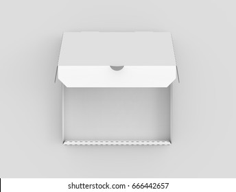 3d Rendering White Blank Half Open Pizza Box, Isolated Light Gray Background Top View