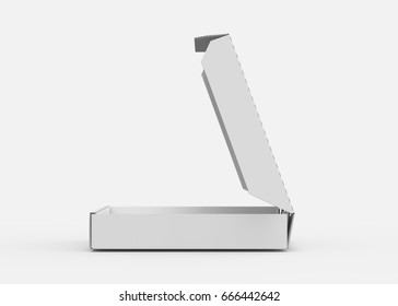 3d Rendering White Blank Left Tilt Open Pizza Box, Isolated White Background Side View