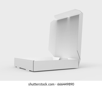 3d rendering white blank left tilt open pizza box, isolated white background side view