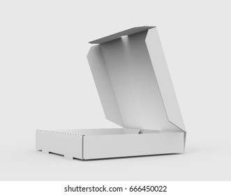 3d rendering white blank left tilt open pizza box, isolated white background side view