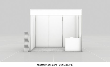 3D Rendering Of White Blank Octanorm Stall Mockup With Brochure Stand And Table. 3D Illustration For Exhibition.
