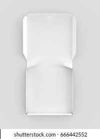 3d Rendering White Blank Open Pizza Box, Isolated Light Gray Background Top View