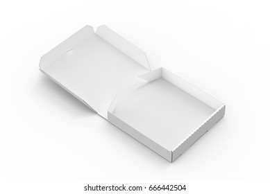 3d rendering white blank right tilt open pizza box, isolated white background elevated view