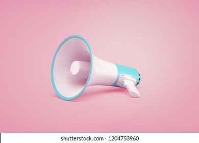 3d rendering of white and blue portable cordless megaphone lies on a pastel pink background. Getting your message through. Amplifying your point. Getting attention.