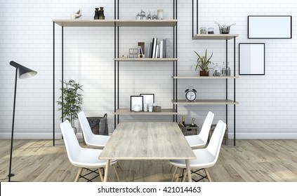 3d rendering white brick living room with shelf decoration