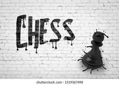 3d Rendering Of White Brick Wall With Title 'CHESS' And Big Black Melting Pawn Smashed Into Wall. Hobbies And Games. Leisure-time Activities. Intellectual Games.