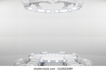 3D Rendering of white bright theme sci fi pedestal in scientific laboratory with mechanical robot arms holder and ceiling light. For technology product, crypto currency,  high tech background - Powered by Shutterstock