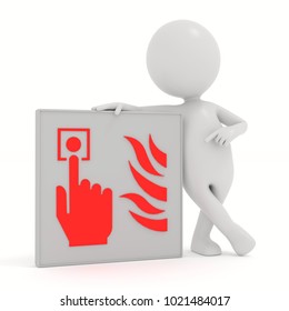 3D rendering white cartoon man points to   Fire alarm icon sign board