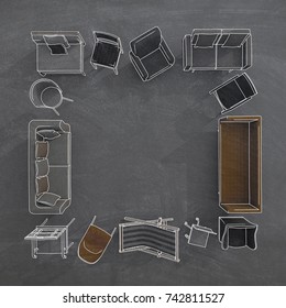 3d rendering white chalk sketch of multiple furniture on blackboard background