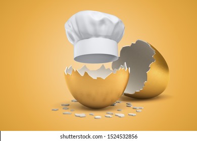 3d rendering of white chef hat hatching out of golden egg on yellow background. Art of cooking. Chef de cuisine. Digital art.