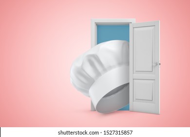 3d rendering of white chef hat in white doorway on light pink background. Art of cooking. Chef de cuisine. Digital art.