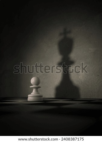 3D rendering, White chess pawn with the shadow of a king,  Think Big concept.