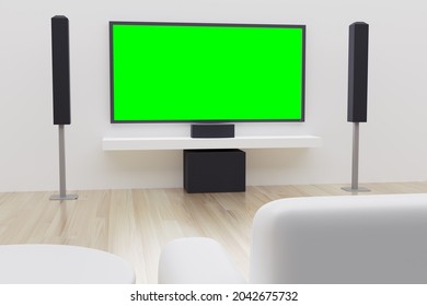 3D Rendering White Clean Home Theater Room With Audio System LCD TV Blank Screen For Advertising Montage.