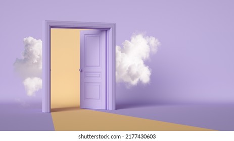 3d Rendering, White Cloud Is Hiding Behind The Opening Double Doors Inside The Light Violet Room. Architectural Or Interior Element. Modern Minimal Background. Dream Metaphor