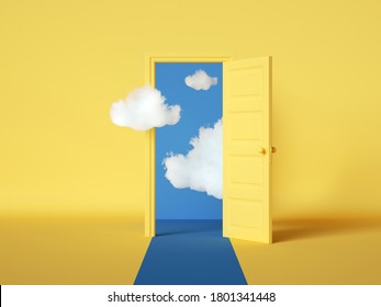 3d rendering, white clouds flying out and going through the open door, objects isolated on bright yellow background. Abstract metaphor, modern minimal concept. Surreal dream scene