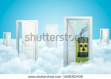 3d rendering of white clouds with open doorways and toxic waste barrel on blue background. Concept art. Nature and science. Ecology and environment.