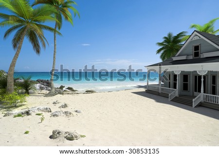 3D rendering of a white colonial house right on the beach