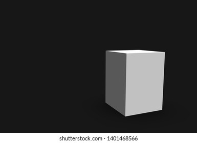 3d Rendering. A White Cube Box On Dark Black Room Wall Background.